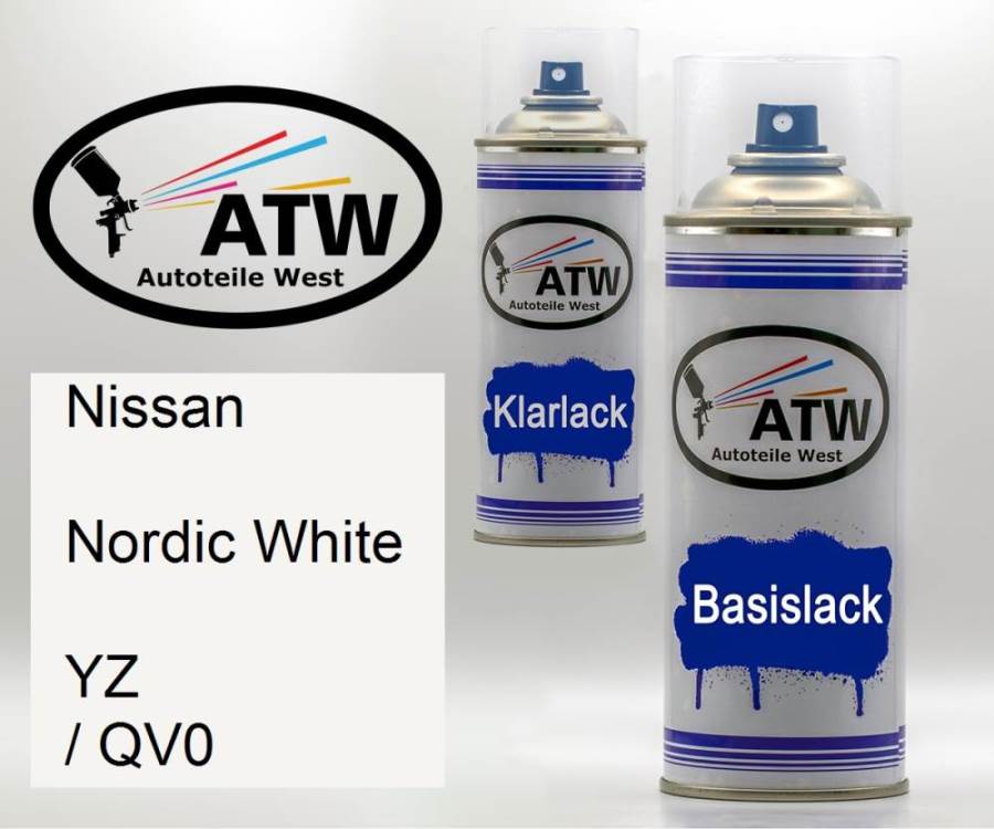 Nissan, Nordic White, YZ / QV0: 400ml Sprühdose + 400ml Klarlack - Set, von ATW Autoteile West.